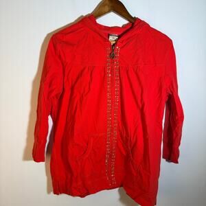 Red Hooded Jacket with Studded Zipper